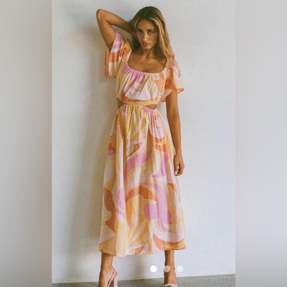 Sabo Skirt Ezzy Midi Dress XS Pink Orange Cutout Puff Sleeve NWT Resortwear